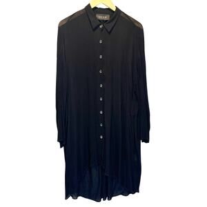 Ozai N Ku Black Semi-Sheer Long Length Button Front Top - size Medium